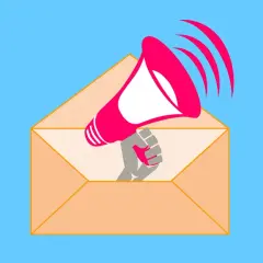 Un megafono rosa esce da una busta arancione, come per annunciare offerte speciali. Newsletter hotel esempi efficaci.