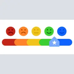 Indicatore di soddisfazione con faccine da triste a felice, con una casetta a stella che rappresenta un esempio di recensione positiva degli ospiti.