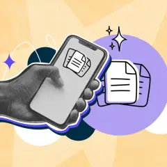 Mano che tiene smartphone per scannerizzare carta d'identità sulla stessa pagina. Icona di documento stilizzato.