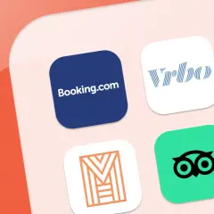 Loghi di piattaforme per prenotare alloggi: Booking.com, Vrbo, Plum Guide, e altre alternative ad Airbnb per trovare la tua prossima vacanza.