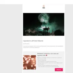 Anteprima di una campagna email per l'Hotel Villasole, con fuochi d'artificio e offerta SPA.