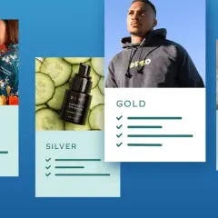 Livelli Bronze, Silver, Gold e Platinum per programmi fedeltà. Immagini di prodotti e persone associate a ciascun livello.