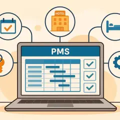 Un laptop mostra un diagramma di Gantt per la pianificazione di un hotel, con icone di calendario, chiave, letto e ingranaggi.
