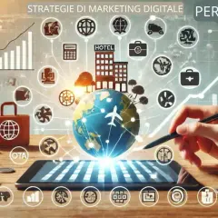 Strategie di marketing digitale per prenotazioni dirette: un globo terrestre con aereo, hotel e icone di business, con un tablet che mostra grafici e la scritta OTA.