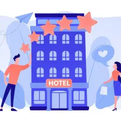 Un uomo aggiunge stelle a un hotel, mentre una donna con borse della spesa riceve un cuore in un fumetto. I requisiti hotel 3 stelle sono soddisfatti.