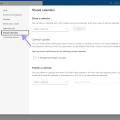 Impostazioni di Outlook: condivisione calendari. Seleziona un calendario per condividerlo o pubblicarlo, creando un ical link.