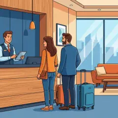 Coppia con valigie al check-in, il receptionist li accoglie. Istat alloggiati in hotel.