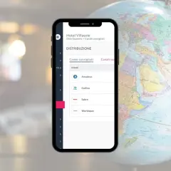 Smartphone mostra canali di distribuzione per Hotel Villasole, inclusi Amadeus e Galileo, nel settore GDS.