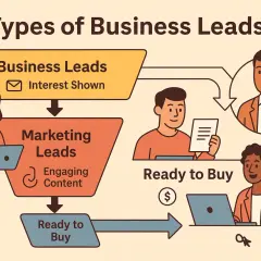 Schema che illustra cosa sono i lead: da "Interesse Mostrato" a "Marketing Leads" con "Contenuti Coinvolgenti", fino a "Pronto all'Acquisto".