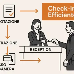 Schema di un efficiente check-in in hotel: 1. Prenotazione, 2. Registrazione alla reception, 3. Accesso alla camera.