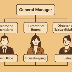 Organigramma di un hotel: General Manager, Direttori Operazioni, Camere, Vendite e Marketing, con ruoli di Front Office, Housekeeping e Sales.