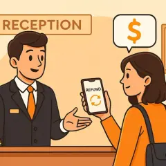 Alla reception dell'hotel, una cliente mostra il telefono con la scritta "REFUND" e un simbolo di rimborso, mentre il receptionist indica il denaro.