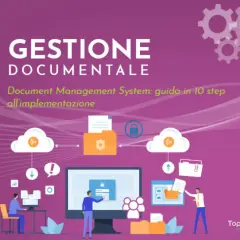 Guida all'implementazione di un document management system: icone di cloud, cartelle e persone che lavorano.