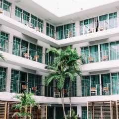 L'albergo, con le sue palme e balconi, evoca un senso di vacanza e relax.