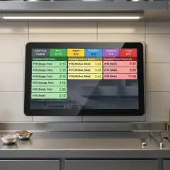 Un moderno kitchen monitor mostra lo stato degli ordini: pronti, in corso e in ritardo, con dettagli sui piatti e tempi di preparazione.