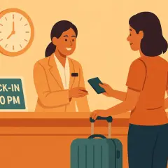 Ricezione hotel: la receptionist sorride mentre consegna una chiave a un ospite con una valigia. Il cartello indica "CHECK-IN 3:00 PM".