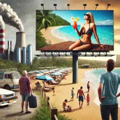 Contrasto tra un paradiso tropicale pubblicizzato e un paesaggio industriale inquinato, un esempio di marketing turistico che nasconde la realtà.