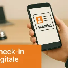 Smartphone con badge digitale e testo "Check-in Digitale". Scopri self check-in Airbnb come funziona per un arrivo senza pensieri.