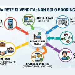 Schema del marketing alberghiero: OTA, sito ufficiale, metasearch, portali verticali, B2B, richieste dirette e clienti abituali confluiscono nella prenotazione hotel.