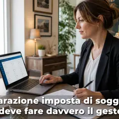 Gestore che lavora al computer, con un quaderno e una penna. La didascalia spiega come funziona la tassa di soggiorno per i gestori.