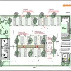 Planimetria di un'area camper con piazzole, servizi igienici, area giochi, barbecue, noleggio biciclette e reception. Le strutture ricettive di mero supporto sono ben integrate nel progetto.