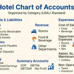 Schema del piano dei conti di un hotel, con categorie come Attività, Passività, Ricavi, Costi e Spese.