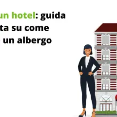 Guida completa per avviare un hotel. Una donna in giacca e pantaloni posa davanti a un edificio che rappresenta un'attività alberghiera.