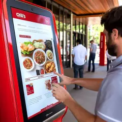 Uomo usa un self ordering kiosk rosso per ordinare cibo da Chili's, con immagini di piatti sul touchscreen.