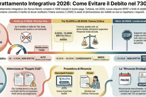 Il Trattamento Integrativo 2026: soglie di reddito e rischio di restituzione. Evitare il debito nel 730 con una gestione attenta.