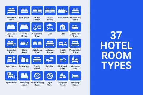 Icone che illustrano 37 tipologie di camere d'albergo, utili per i gestionali hotel più usati.