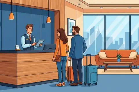 Coppia con valigie al check-in, il receptionist li accoglie. Istat alloggiati in hotel.