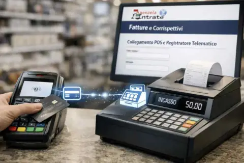 Pagamento con carta su un terminale POS, collegato a un registratore di cassa. L'obbligo POS è una realtà per semplificare le transazioni.
