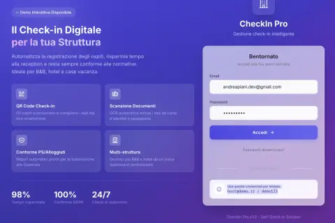 Check-in digitale per strutture ricettive: automatizza la registrazione ospiti, gestisce i dati e garantisce la conformità PS/Alloggiati.