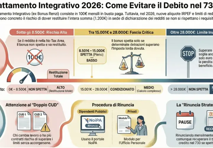 Il Trattamento Integrativo 2026: soglie di reddito e rischio di restituzione. Evitare il debito nel 730 con una gestione attenta.