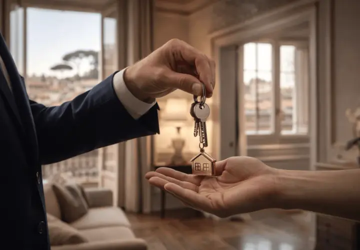 Consegna chiavi con ciondolo a forma di casa. Un passo importante per la percentuale gestione casa vacanze.