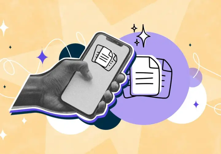 Mano che tiene smartphone per scannerizzare carta d'identità sulla stessa pagina. Icona di documento stilizzato.