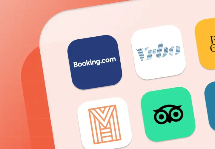 Loghi di piattaforme per prenotare alloggi: Booking.com, Vrbo, Plum Guide, e altre alternative ad Airbnb per trovare la tua prossima vacanza.