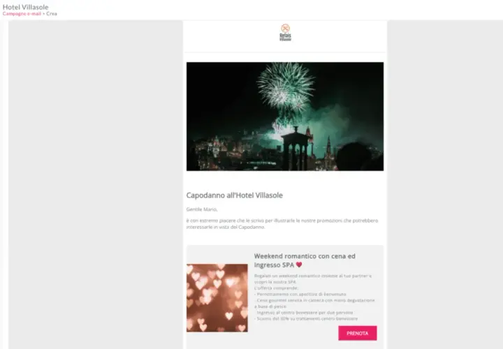Anteprima di una campagna email per l'Hotel Villasole, con fuochi d'artificio e offerta SPA.