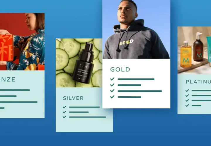 Livelli Bronze, Silver, Gold e Platinum per programmi fedeltà. Immagini di prodotti e persone associate a ciascun livello.
