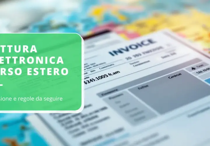 Fattura elettronica verso estero: emissione e regole da seguire. Un documento di fattura è visibile sullo sfondo di una mappa.
