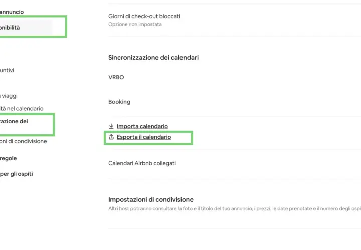 Schermata di gestione di un ical Airbnb. Selezionata la sincronizzazione dei calendari, con opzione per esportare il calendario.