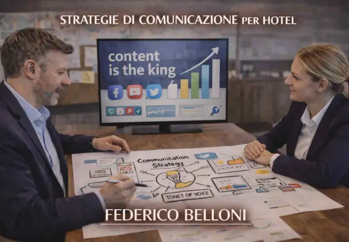 Uomini d'affari discutono strategie di comunicazione per hotel, con un diagramma di "Communication Strategy" e uno schermo che mostra "content is the king". Ottimi consigli di marketing.