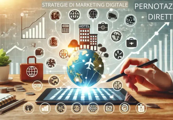 Strategie di marketing digitale per prenotazioni dirette: un globo terrestre con aereo, hotel e icone di business, con un tablet che mostra grafici e la scritta OTA.