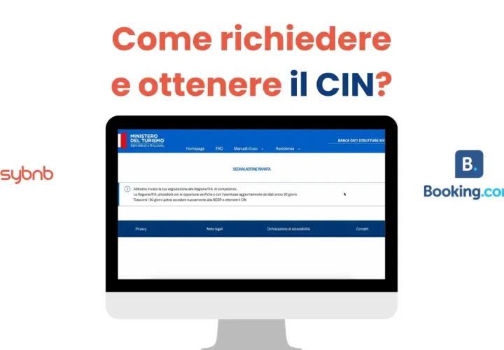 Schermata che spiega come ottenere il CIN, con logo Ministero del Turismo e Booking.com.