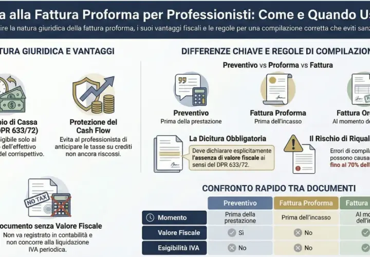 Guida alla fattura proforma per professionisti: natura, vantaggi e regole di compilazione per evitare sanzioni. Confronto rapido tra preventivo, fattura proforma e fattura ordinaria.