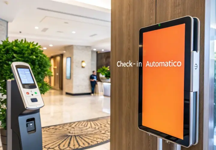 Un totem per il **smart check-in** in un hotel moderno. Un tablet mostra "Check-in Automatico" su sfondo arancione.