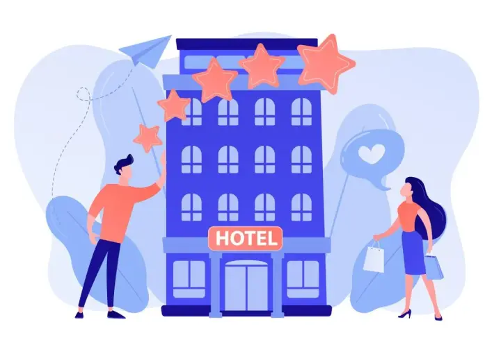 Un uomo aggiunge stelle a un hotel, mentre una donna con borse della spesa riceve un cuore in un fumetto. I requisiti hotel 3 stelle sono soddisfatti.
