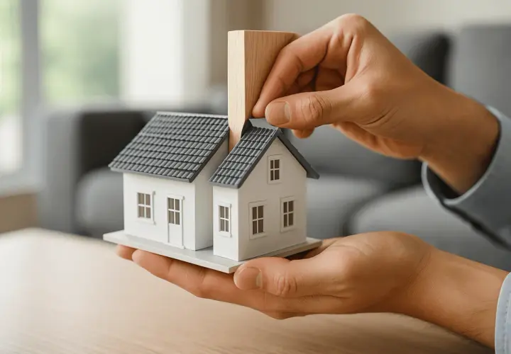 Mani che costruiscono un modello di casa, simbolo di un investimento immobiliare o di un futuro apart hotel.