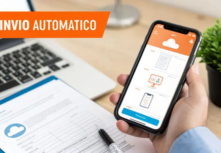 Mano che tiene uno smartphone con app per invio automatico, accanto a un laptop e documenti.