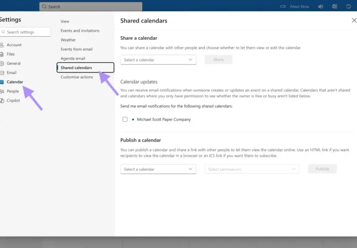 Impostazioni di Outlook: condivisione calendari. Seleziona un calendario per condividerlo o pubblicarlo, creando un ical link.